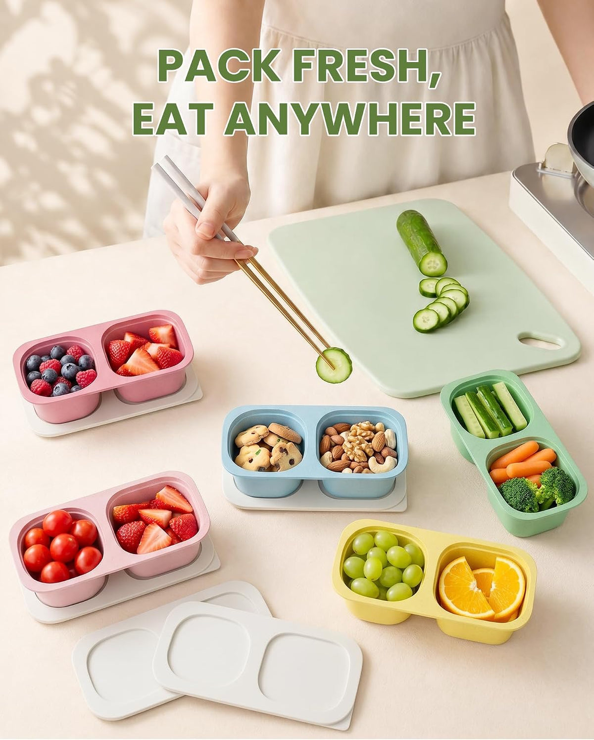 Snack Pack Containers for Kids, 5 Pack Reusable Snack Containers with Lids, 2 Compartment Small Bento Snack Box, BPA-Free Wheat Straw Lunchbox Accessories for School, Travel, Meal Prep