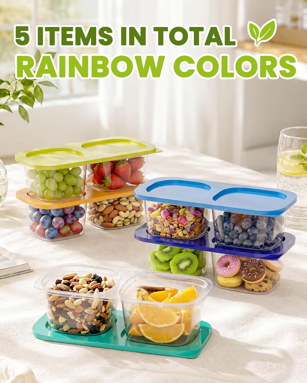 Snack Pack Containers for Kids, 5 Pack Reusable Snack Containers with Lids, 2 Compartment Small Bento Snack Box, BPA-Free Wheat Straw Lunchbox Accessories for School, Travel, Meal Prep