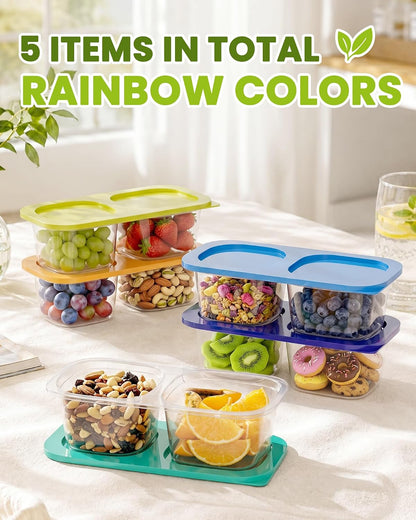 Snack Pack Containers for Kids, 5 Pack Reusable Snack Containers with Lids, 2 Compartment Small Bento Snack Box, BPA-Free Wheat Straw Lunchbox Accessories for School, Travel, Meal Prep