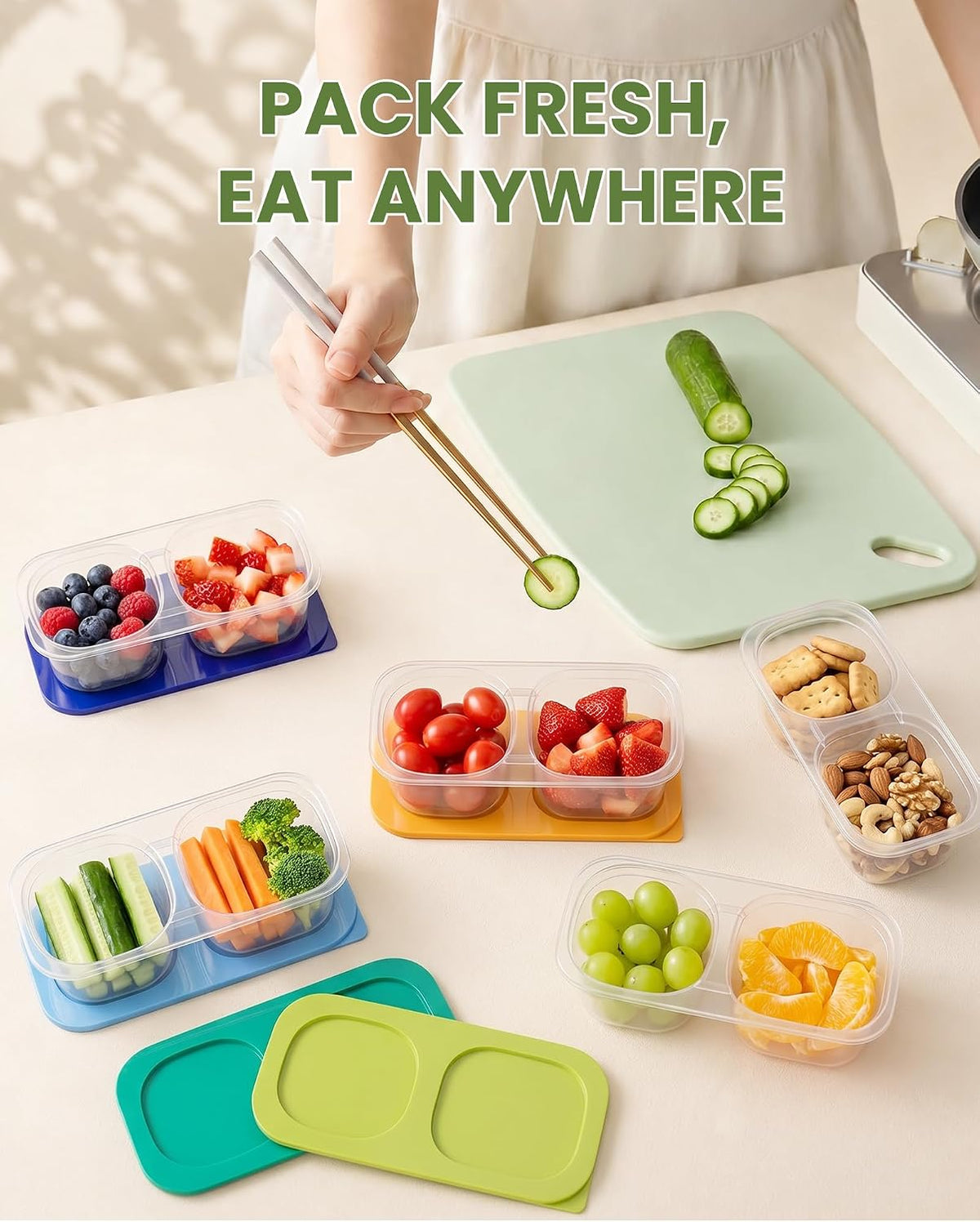 Snack Pack Containers for Kids, 5 Pack Reusable Snack Containers with Lids, 2 Compartment Small Bento Snack Box, BPA-Free Wheat Straw Lunchbox Accessories for School, Travel, Meal Prep