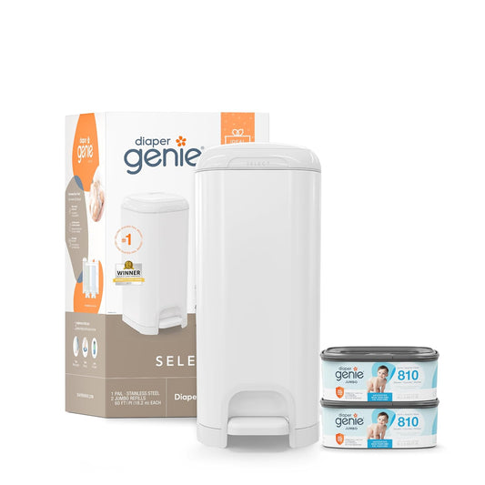 Select Pail Registry Gift Set (White) | Made of Durable Stainless Steel Metal | Includes 2 Jumbo Refills | Holds 1620 Newborn Diapers