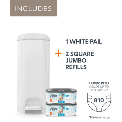 Select Pail Registry Gift Set (White) | Made of Durable Stainless Steel Metal | Includes 2 Jumbo Refills | Holds 1620 Newborn Diapers