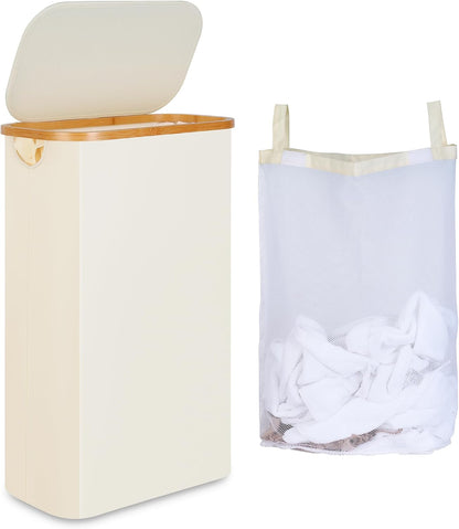 65L Slim Laundry Hamper, Narrow Laundry Basket with Lid,Foldable Clothes Hamper with Bamboo Handles,Hamper Basket with Removable Inner Bag for Laundry Room Bedroom College Dorm,17.17 Gals Pink