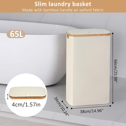 65L Slim Laundry Hamper, Narrow Laundry Basket with Lid,Foldable Clothes Hamper with Bamboo Handles,Hamper Basket with Removable Inner Bag for Laundry Room Bedroom College Dorm,17.17 Gals Pink