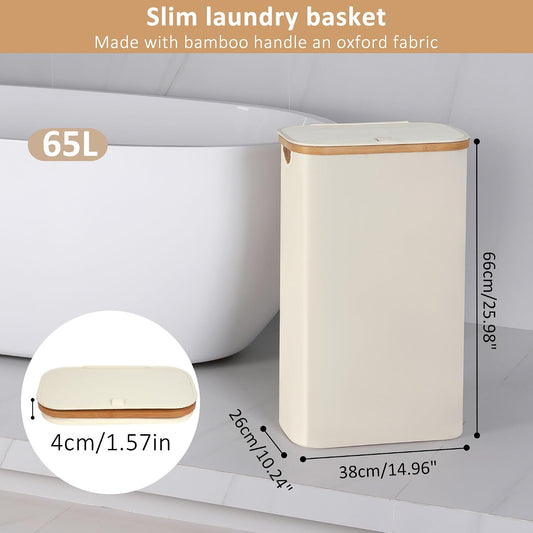 65L Slim Laundry Hamper, Narrow Laundry Basket with Lid,Foldable Clothes Hamper with Bamboo Handles,Hamper Basket with Removable Inner Bag for Laundry Room Bedroom College Dorm,17.17 Gals Pink