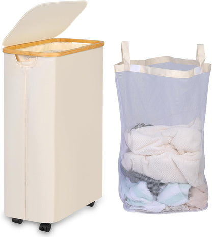 65L Slim Laundry Hamper, Narrow Laundry Basket with Lid,Foldable Clothes Hamper with Bamboo Handles,Hamper Basket with Removable Inner Bag for Laundry Room Bedroom College Dorm,17.17 Gals Pink