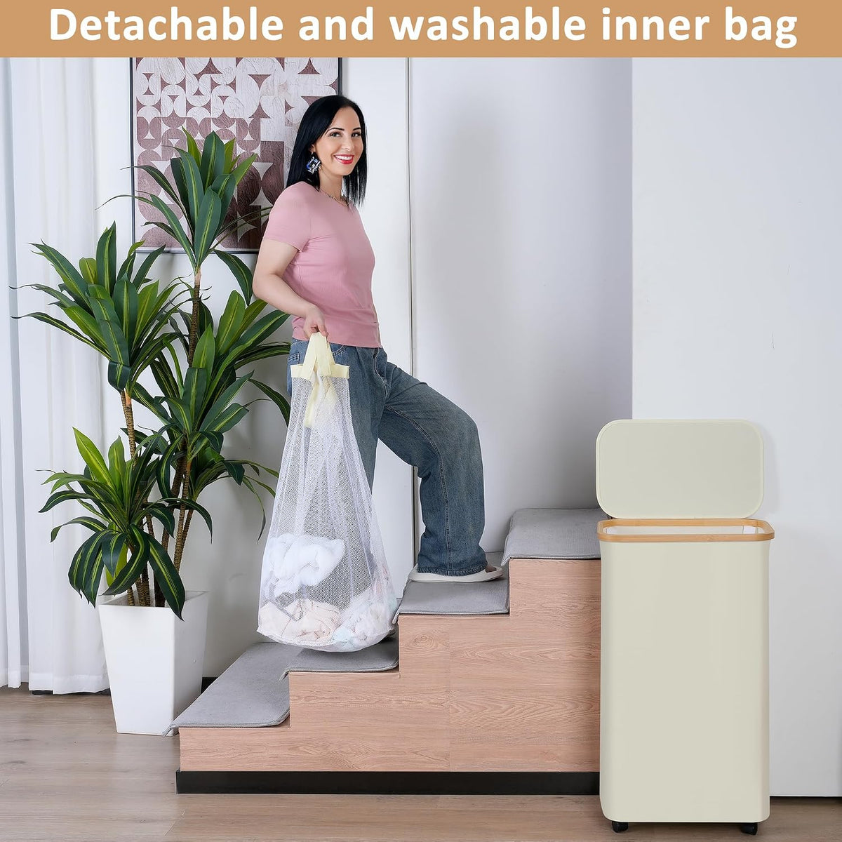65L Slim Laundry Hamper, Narrow Laundry Basket with Lid,Foldable Clothes Hamper with Bamboo Handles,Hamper Basket with Removable Inner Bag for Laundry Room Bedroom College Dorm,17.17 Gals Pink