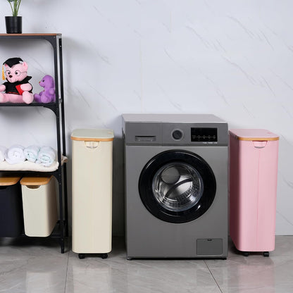 65L Slim Laundry Hamper, Narrow Laundry Basket with Lid,Foldable Clothes Hamper with Bamboo Handles,Hamper Basket with Removable Inner Bag for Laundry Room Bedroom College Dorm,17.17 Gals Pink