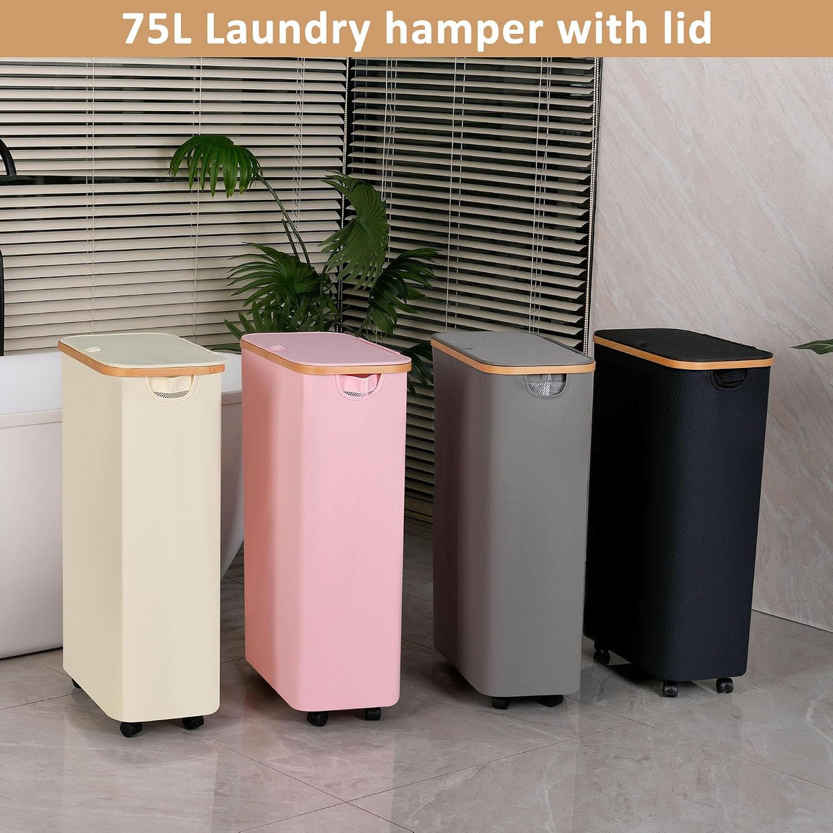 65L Slim Laundry Hamper, Narrow Laundry Basket with Lid,Foldable Clothes Hamper with Bamboo Handles,Hamper Basket with Removable Inner Bag for Laundry Room Bedroom College Dorm,17.17 Gals Pink