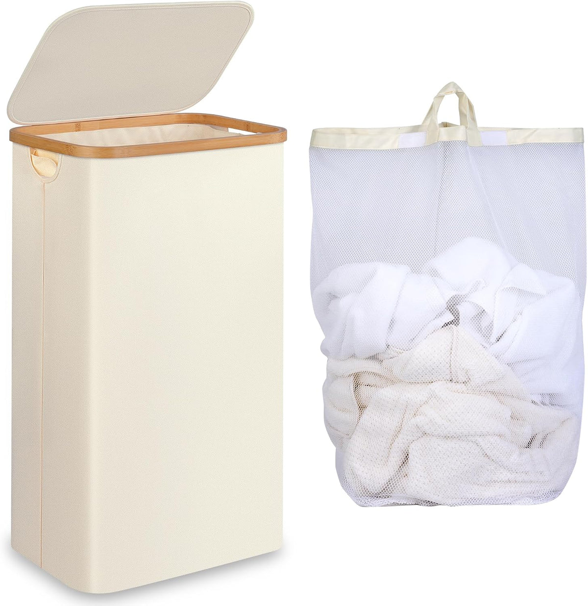 65L Slim Laundry Hamper, Narrow Laundry Basket with Lid,Foldable Clothes Hamper with Bamboo Handles,Hamper Basket with Removable Inner Bag for Laundry Room Bedroom College Dorm,17.17 Gals Pink