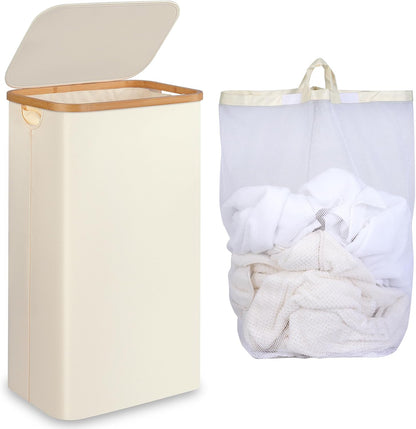 65L Slim Laundry Hamper, Narrow Laundry Basket with Lid,Foldable Clothes Hamper with Bamboo Handles,Hamper Basket with Removable Inner Bag for Laundry Room Bedroom College Dorm,17.17 Gals Pink