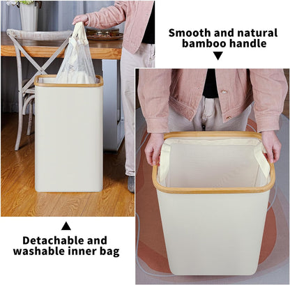 65L Slim Laundry Hamper, Narrow Laundry Basket with Lid,Foldable Clothes Hamper with Bamboo Handles,Hamper Basket with Removable Inner Bag for Laundry Room Bedroom College Dorm,17.17 Gals Pink