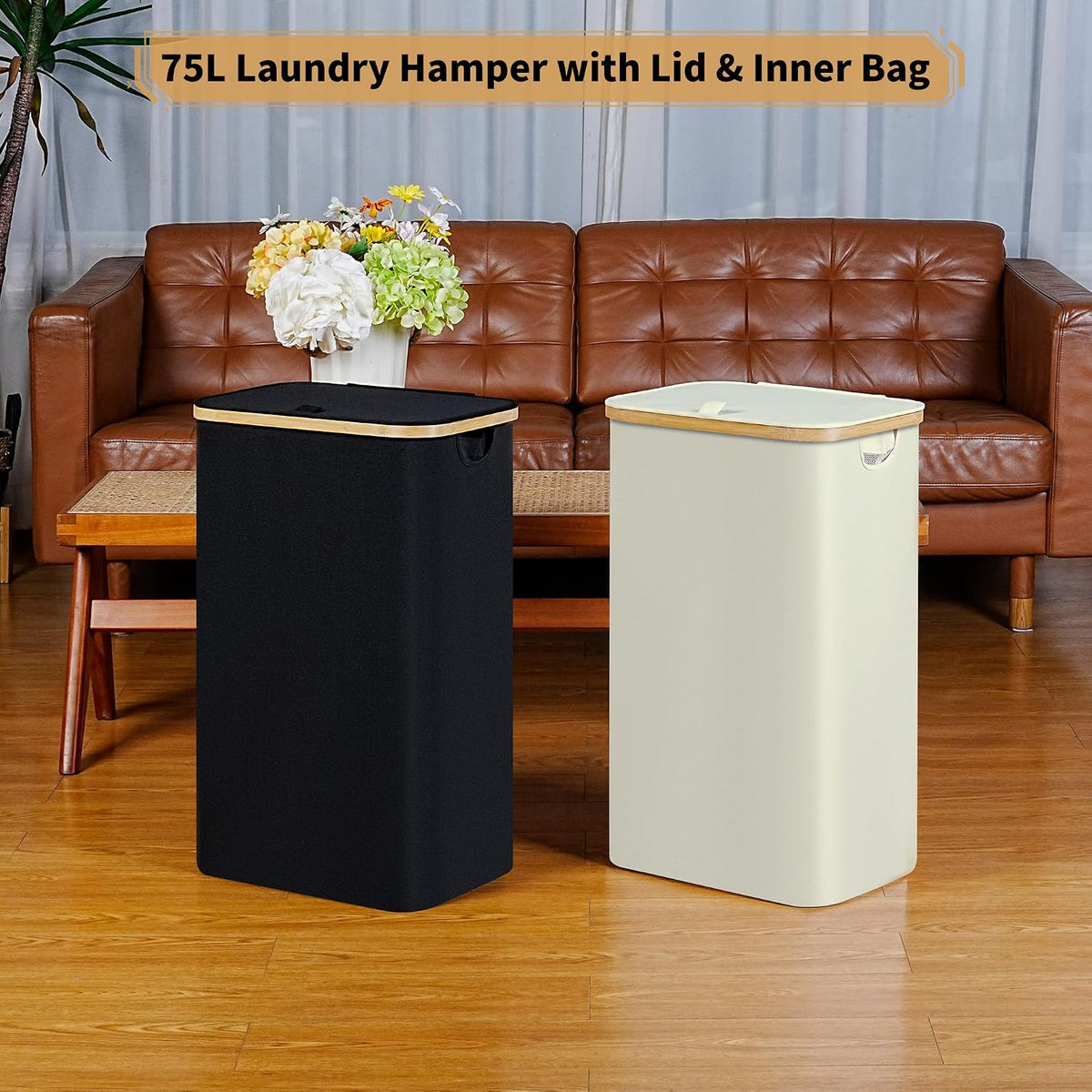 65L Slim Laundry Hamper, Narrow Laundry Basket with Lid,Foldable Clothes Hamper with Bamboo Handles,Hamper Basket with Removable Inner Bag for Laundry Room Bedroom College Dorm,17.17 Gals Pink