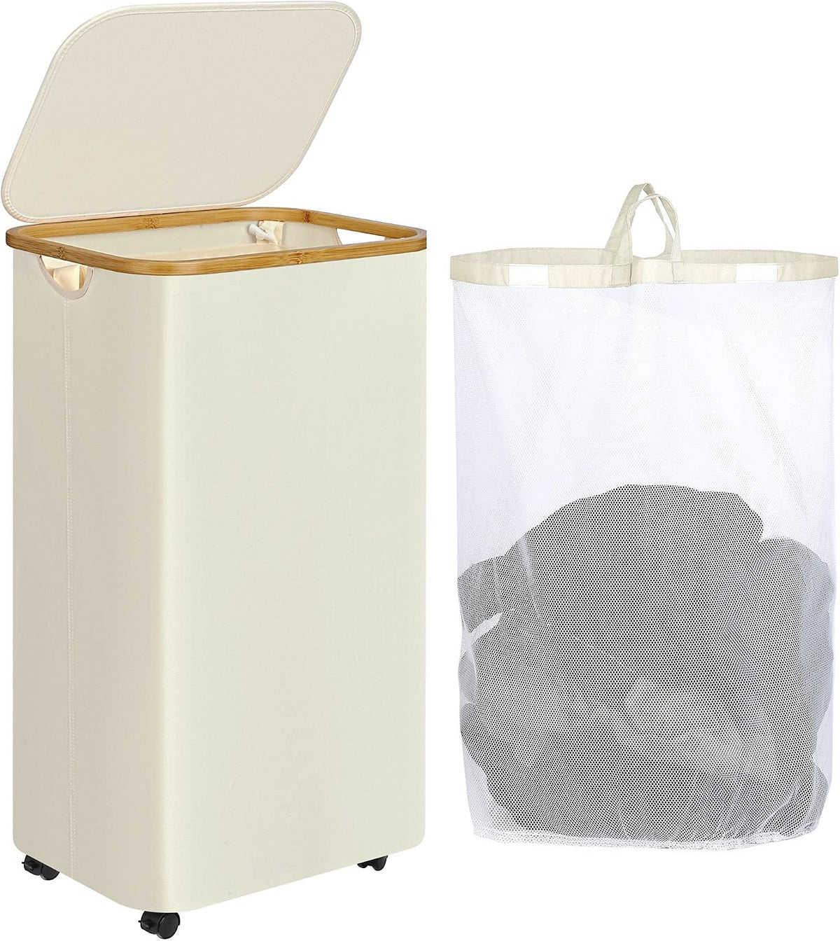 65L Slim Laundry Hamper, Narrow Laundry Basket with Lid,Foldable Clothes Hamper with Bamboo Handles,Hamper Basket with Removable Inner Bag for Laundry Room Bedroom College Dorm,17.17 Gals Pink