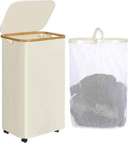 65L Slim Laundry Hamper, Narrow Laundry Basket with Lid,Foldable Clothes Hamper with Bamboo Handles,Hamper Basket with Removable Inner Bag for Laundry Room Bedroom College Dorm,17.17 Gals Pink