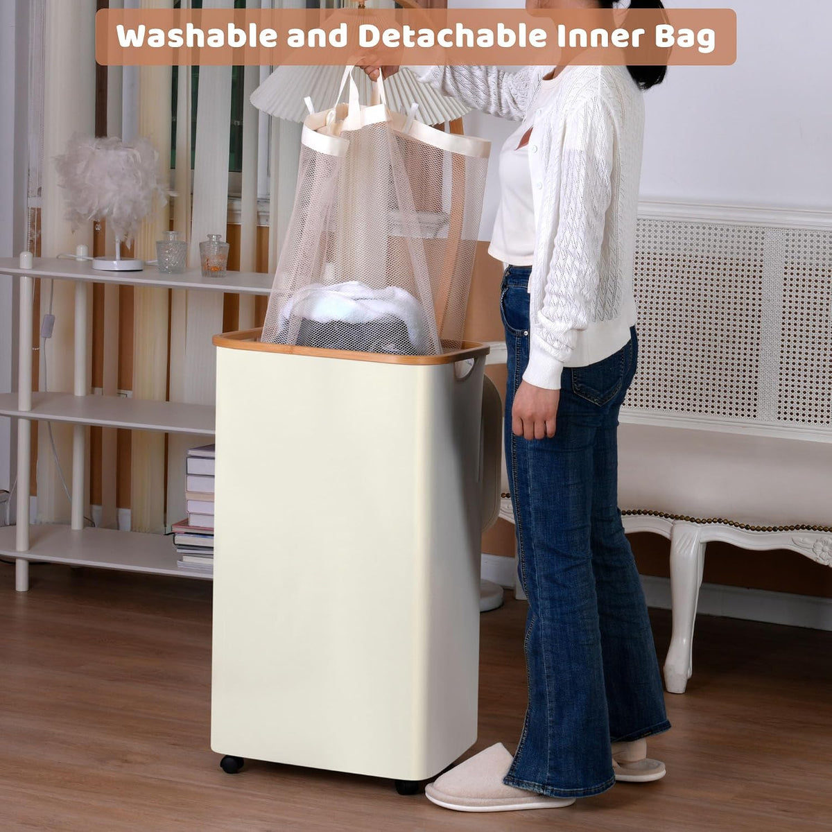 65L Slim Laundry Hamper, Narrow Laundry Basket with Lid,Foldable Clothes Hamper with Bamboo Handles,Hamper Basket with Removable Inner Bag for Laundry Room Bedroom College Dorm,17.17 Gals Pink