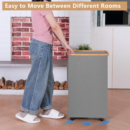 65L Slim Laundry Hamper, Narrow Laundry Basket with Lid,Foldable Clothes Hamper with Bamboo Handles,Hamper Basket with Removable Inner Bag for Laundry Room Bedroom College Dorm,17.17 Gals Pink