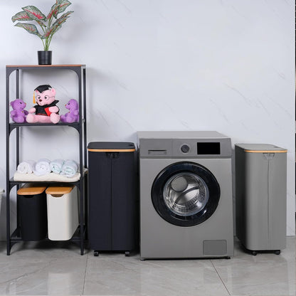 65L Slim Laundry Hamper, Narrow Laundry Basket with Lid,Foldable Clothes Hamper with Bamboo Handles,Hamper Basket with Removable Inner Bag for Laundry Room Bedroom College Dorm,17.17 Gals Pink