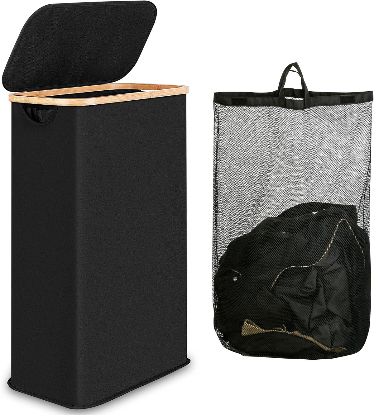 65L Slim Laundry Hamper, Narrow Laundry Basket with Lid,Foldable Clothes Hamper with Bamboo Handles,Hamper Basket with Removable Inner Bag for Laundry Room Bedroom College Dorm,17.17 Gals Pink