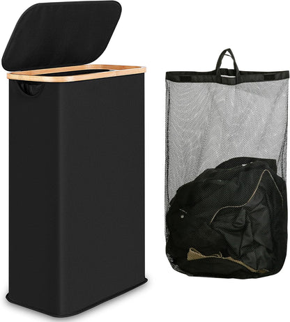 65L Slim Laundry Hamper, Narrow Laundry Basket with Lid,Foldable Clothes Hamper with Bamboo Handles,Hamper Basket with Removable Inner Bag for Laundry Room Bedroom College Dorm,17.17 Gals Pink