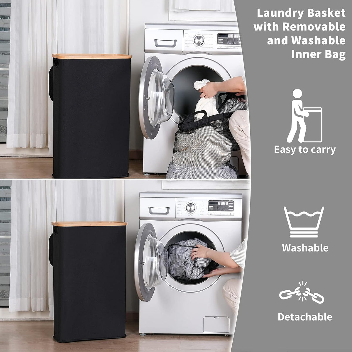 65L Slim Laundry Hamper, Narrow Laundry Basket with Lid,Foldable Clothes Hamper with Bamboo Handles,Hamper Basket with Removable Inner Bag for Laundry Room Bedroom College Dorm,17.17 Gals Pink