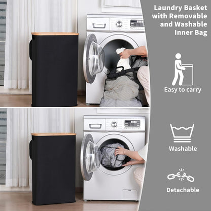 65L Slim Laundry Hamper, Narrow Laundry Basket with Lid,Foldable Clothes Hamper with Bamboo Handles,Hamper Basket with Removable Inner Bag for Laundry Room Bedroom College Dorm,17.17 Gals Pink