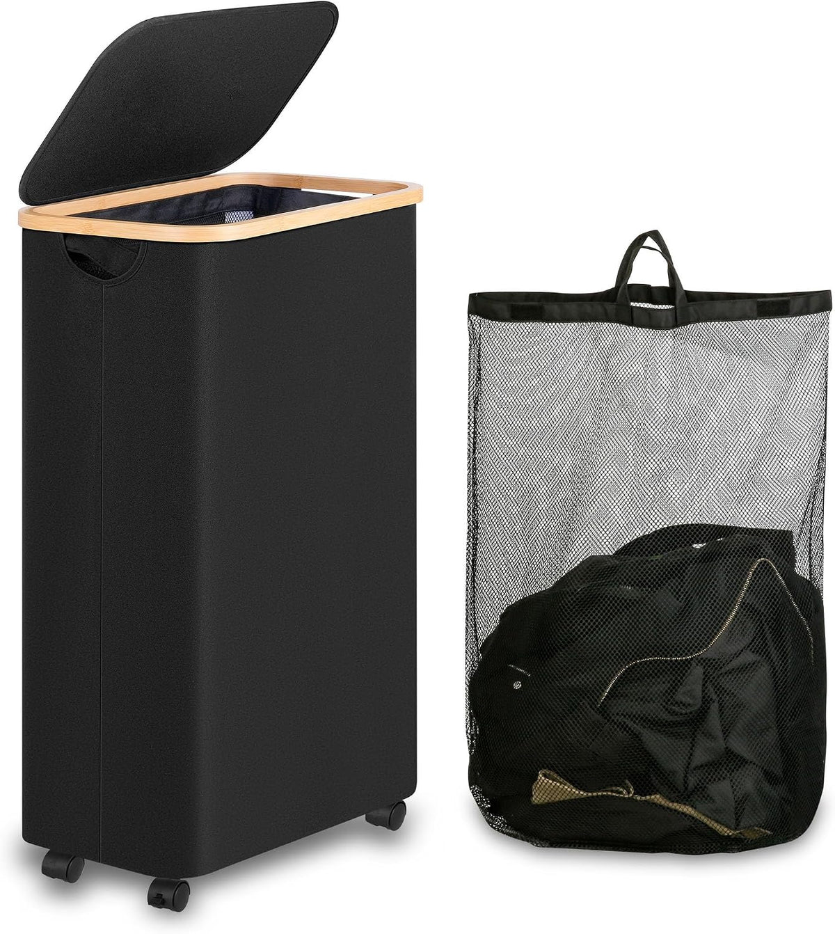 65L Slim Laundry Hamper, Narrow Laundry Basket with Lid,Foldable Clothes Hamper with Bamboo Handles,Hamper Basket with Removable Inner Bag for Laundry Room Bedroom College Dorm,17.17 Gals Pink