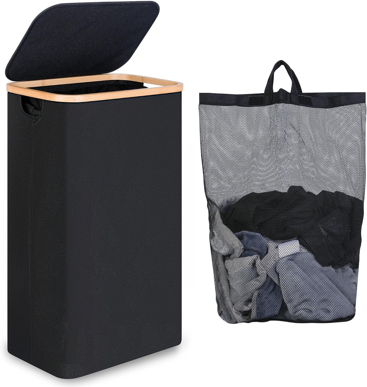 65L Slim Laundry Hamper, Narrow Laundry Basket with Lid,Foldable Clothes Hamper with Bamboo Handles,Hamper Basket with Removable Inner Bag for Laundry Room Bedroom College Dorm,17.17 Gals Pink