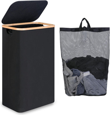 65L Slim Laundry Hamper, Narrow Laundry Basket with Lid,Foldable Clothes Hamper with Bamboo Handles,Hamper Basket with Removable Inner Bag for Laundry Room Bedroom College Dorm,17.17 Gals Pink