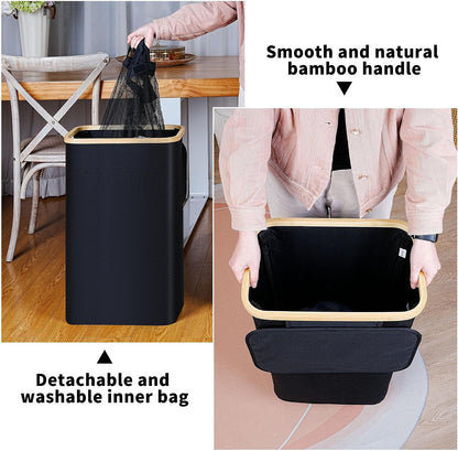 65L Slim Laundry Hamper, Narrow Laundry Basket with Lid,Foldable Clothes Hamper with Bamboo Handles,Hamper Basket with Removable Inner Bag for Laundry Room Bedroom College Dorm,17.17 Gals Pink