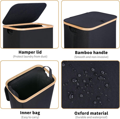 65L Slim Laundry Hamper, Narrow Laundry Basket with Lid,Foldable Clothes Hamper with Bamboo Handles,Hamper Basket with Removable Inner Bag for Laundry Room Bedroom College Dorm,17.17 Gals Pink