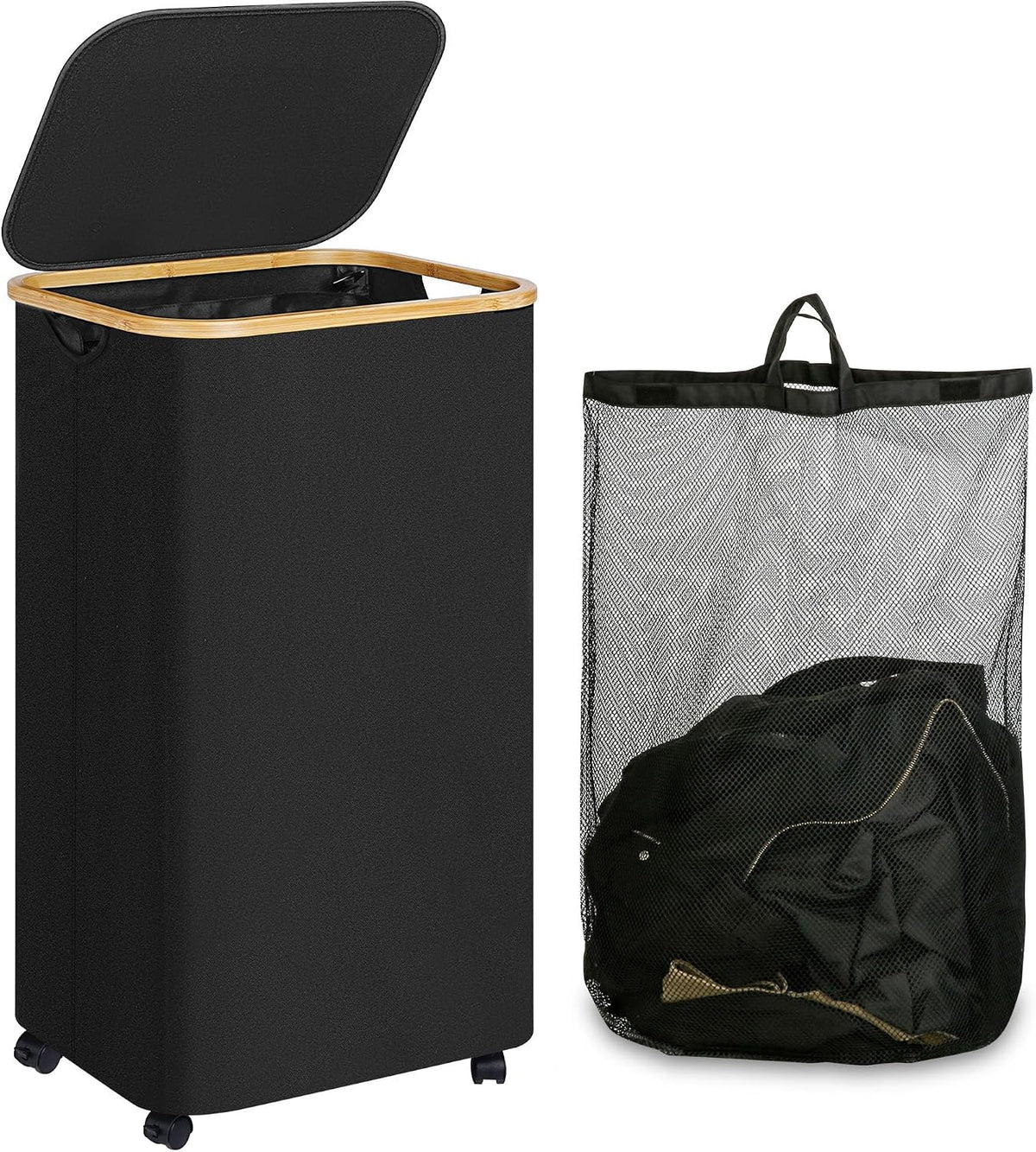 65L Slim Laundry Hamper, Narrow Laundry Basket with Lid,Foldable Clothes Hamper with Bamboo Handles,Hamper Basket with Removable Inner Bag for Laundry Room Bedroom College Dorm,17.17 Gals Pink