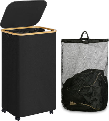 65L Slim Laundry Hamper, Narrow Laundry Basket with Lid,Foldable Clothes Hamper with Bamboo Handles,Hamper Basket with Removable Inner Bag for Laundry Room Bedroom College Dorm,17.17 Gals Pink