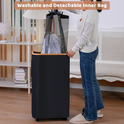 65L Slim Laundry Hamper, Narrow Laundry Basket with Lid,Foldable Clothes Hamper with Bamboo Handles,Hamper Basket with Removable Inner Bag for Laundry Room Bedroom College Dorm,17.17 Gals Pink
