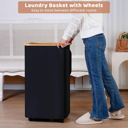 65L Slim Laundry Hamper, Narrow Laundry Basket with Lid,Foldable Clothes Hamper with Bamboo Handles,Hamper Basket with Removable Inner Bag for Laundry Room Bedroom College Dorm,17.17 Gals Pink