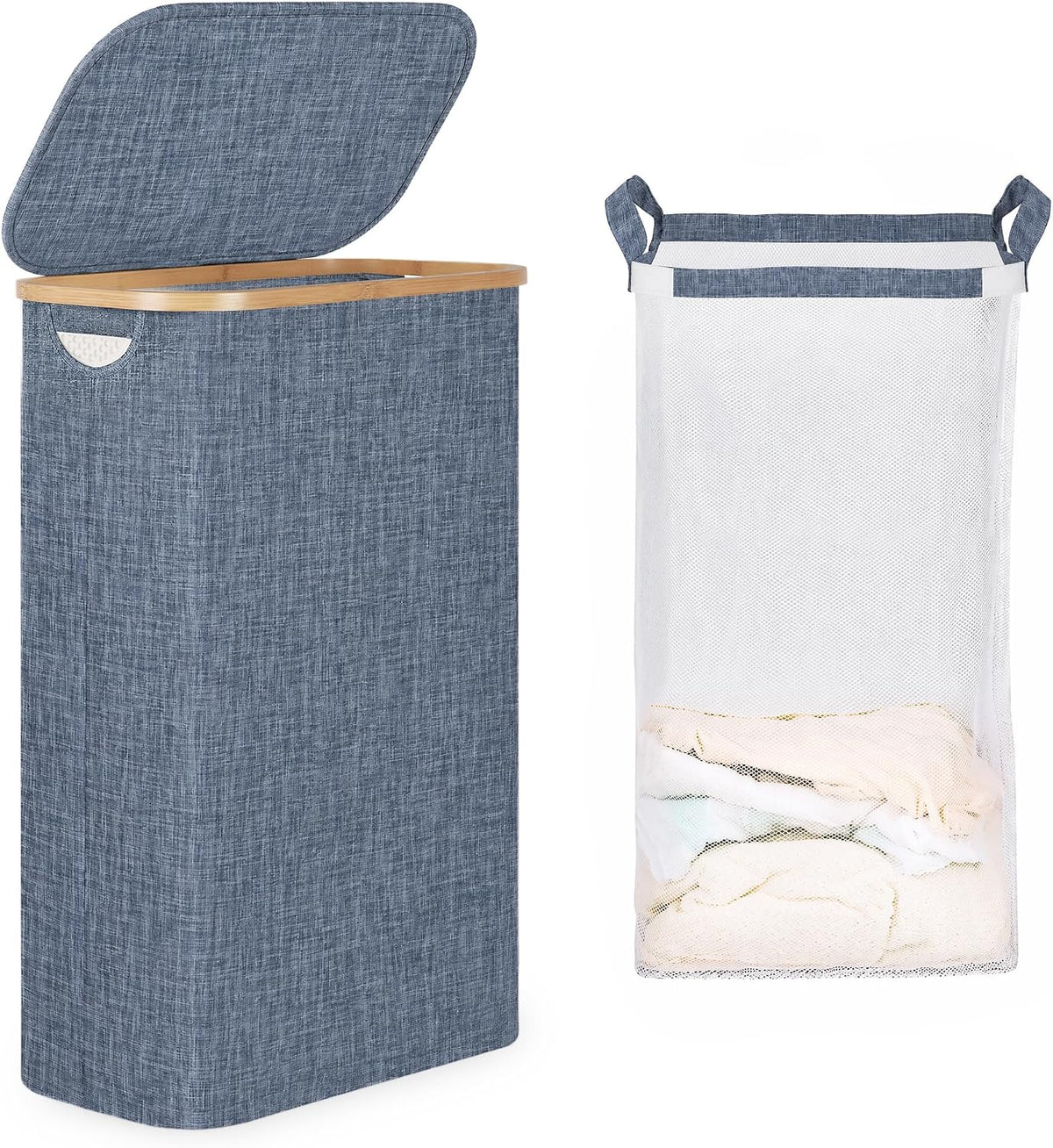 65L Slim Laundry Hamper, Narrow Laundry Basket with Lid,Foldable Clothes Hamper with Bamboo Handles,Hamper Basket with Removable Inner Bag for Laundry Room Bedroom College Dorm,17.17 Gals Pink
