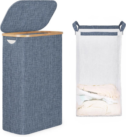65L Slim Laundry Hamper, Narrow Laundry Basket with Lid,Foldable Clothes Hamper with Bamboo Handles,Hamper Basket with Removable Inner Bag for Laundry Room Bedroom College Dorm,17.17 Gals Pink