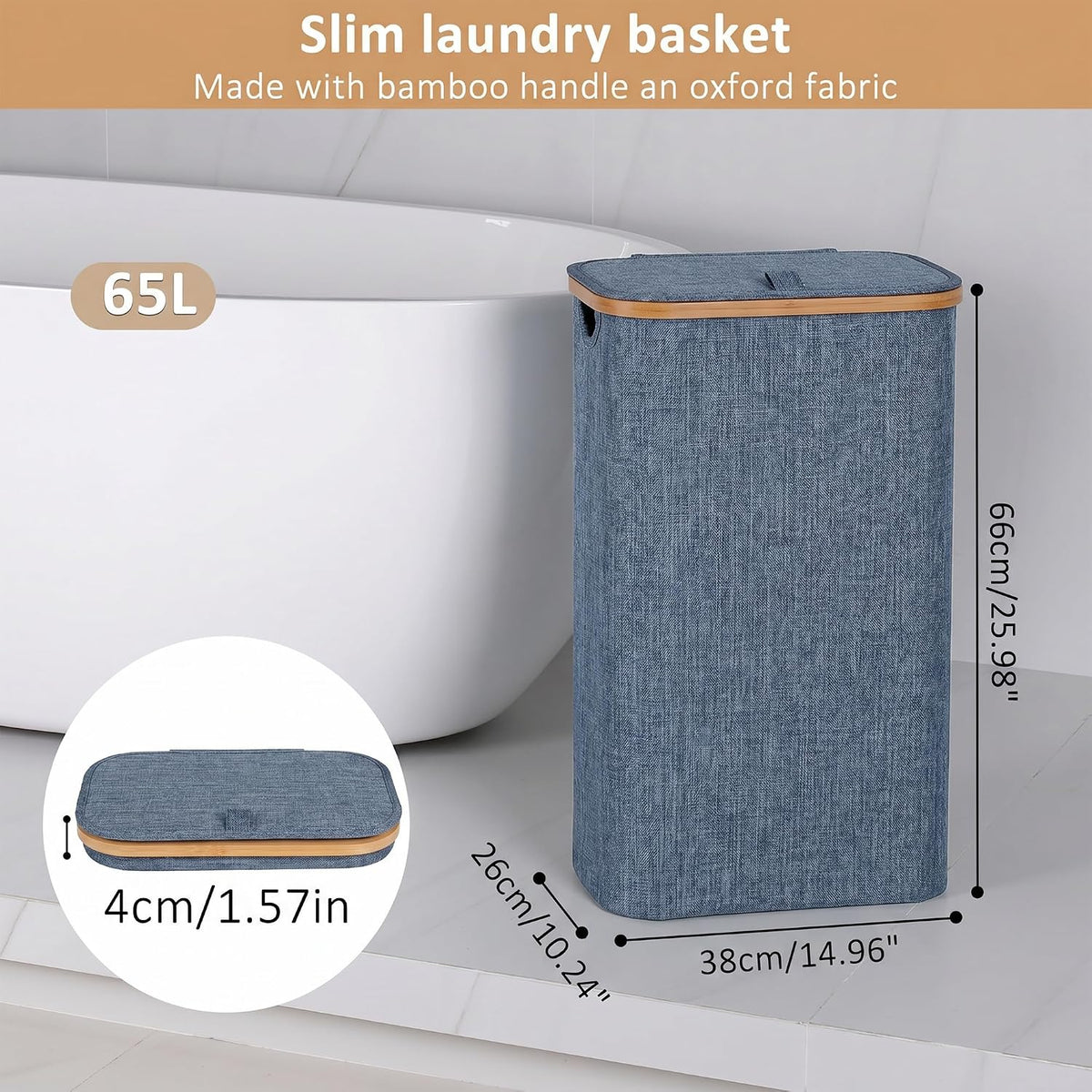 65L Slim Laundry Hamper, Narrow Laundry Basket with Lid,Foldable Clothes Hamper with Bamboo Handles,Hamper Basket with Removable Inner Bag for Laundry Room Bedroom College Dorm,17.17 Gals Pink