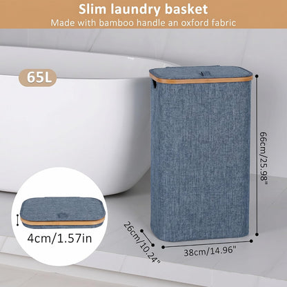 65L Slim Laundry Hamper, Narrow Laundry Basket with Lid,Foldable Clothes Hamper with Bamboo Handles,Hamper Basket with Removable Inner Bag for Laundry Room Bedroom College Dorm,17.17 Gals Pink