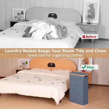 65L Slim Laundry Hamper, Narrow Laundry Basket with Lid,Foldable Clothes Hamper with Bamboo Handles,Hamper Basket with Removable Inner Bag for Laundry Room Bedroom College Dorm,17.17 Gals Pink