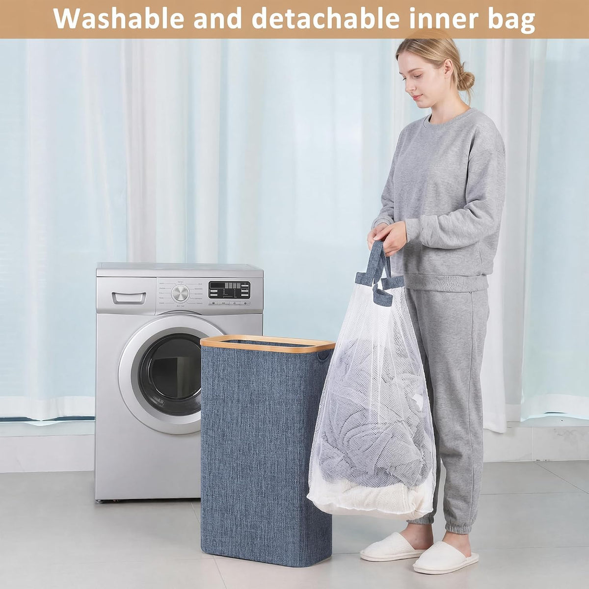 65L Slim Laundry Hamper, Narrow Laundry Basket with Lid,Foldable Clothes Hamper with Bamboo Handles,Hamper Basket with Removable Inner Bag for Laundry Room Bedroom College Dorm,17.17 Gals Pink