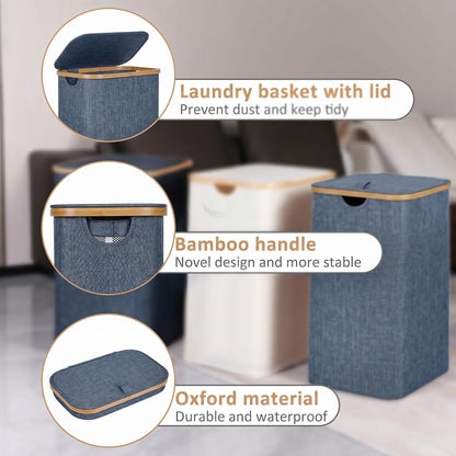 65L Slim Laundry Hamper, Narrow Laundry Basket with Lid,Foldable Clothes Hamper with Bamboo Handles,Hamper Basket with Removable Inner Bag for Laundry Room Bedroom College Dorm,17.17 Gals Pink