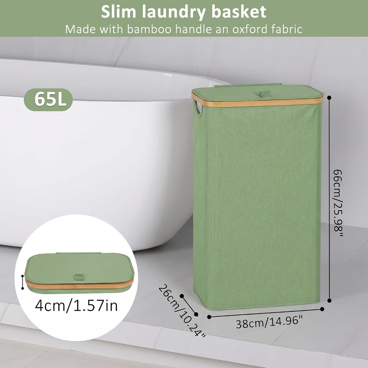 65L Slim Laundry Hamper, Narrow Laundry Basket with Lid,Foldable Clothes Hamper with Bamboo Handles,Hamper Basket with Removable Inner Bag for Laundry Room Bedroom College Dorm,17.17 Gals Pink