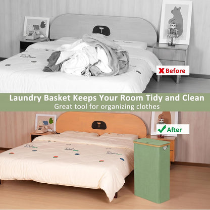 65L Slim Laundry Hamper, Narrow Laundry Basket with Lid,Foldable Clothes Hamper with Bamboo Handles,Hamper Basket with Removable Inner Bag for Laundry Room Bedroom College Dorm,17.17 Gals Pink