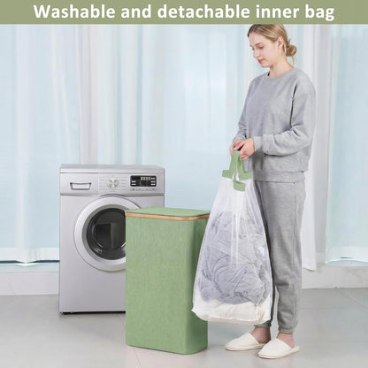 65L Slim Laundry Hamper, Narrow Laundry Basket with Lid,Foldable Clothes Hamper with Bamboo Handles,Hamper Basket with Removable Inner Bag for Laundry Room Bedroom College Dorm,17.17 Gals Pink