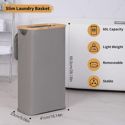 65L Slim Laundry Hamper, Narrow Laundry Basket with Lid,Foldable Clothes Hamper with Bamboo Handles,Hamper Basket with Removable Inner Bag for Laundry Room Bedroom College Dorm,17.17 Gals Pink