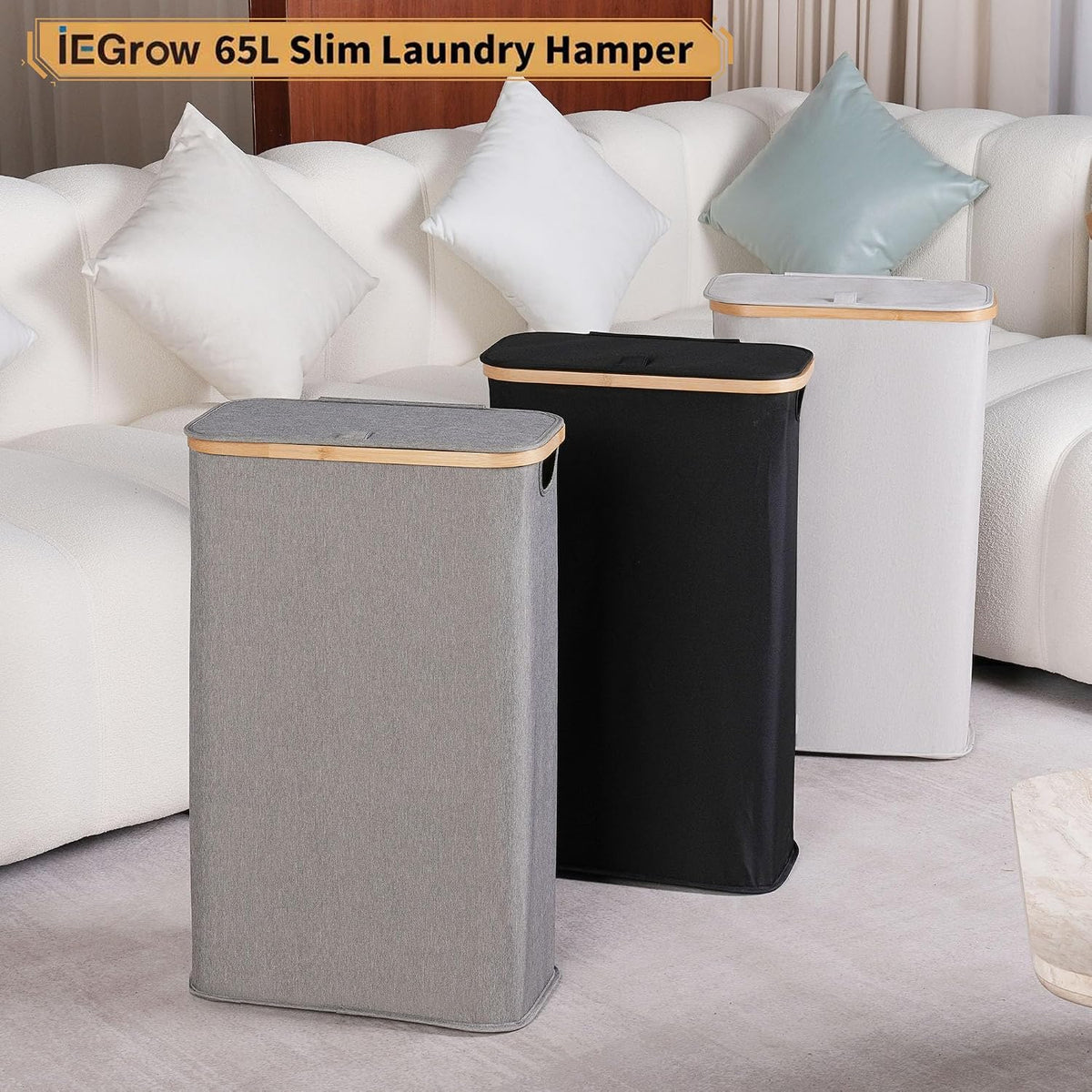 65L Slim Laundry Hamper, Narrow Laundry Basket with Lid,Foldable Clothes Hamper with Bamboo Handles,Hamper Basket with Removable Inner Bag for Laundry Room Bedroom College Dorm,17.17 Gals Pink