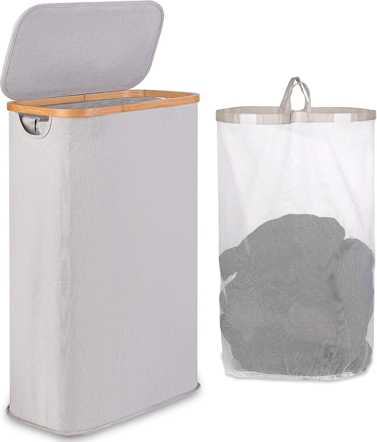 65L Slim Laundry Hamper, Narrow Laundry Basket with Lid,Foldable Clothes Hamper with Bamboo Handles,Hamper Basket with Removable Inner Bag for Laundry Room Bedroom College Dorm,17.17 Gals Pink