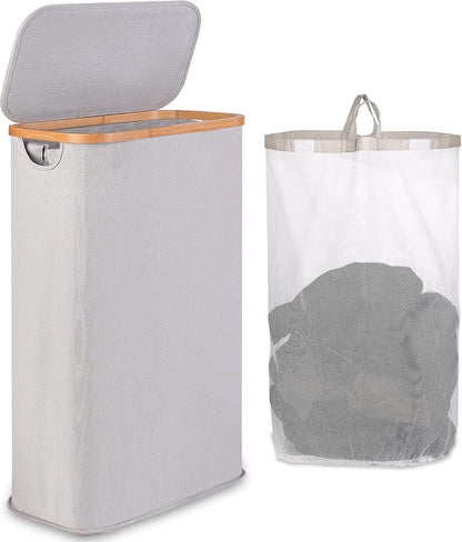 65L Slim Laundry Hamper, Narrow Laundry Basket with Lid,Foldable Clothes Hamper with Bamboo Handles,Hamper Basket with Removable Inner Bag for Laundry Room Bedroom College Dorm,17.17 Gals Pink