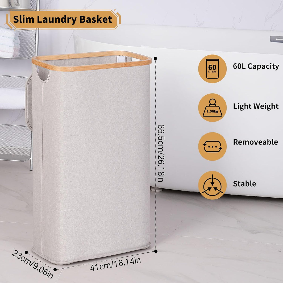 65L Slim Laundry Hamper, Narrow Laundry Basket with Lid,Foldable Clothes Hamper with Bamboo Handles,Hamper Basket with Removable Inner Bag for Laundry Room Bedroom College Dorm,17.17 Gals Pink